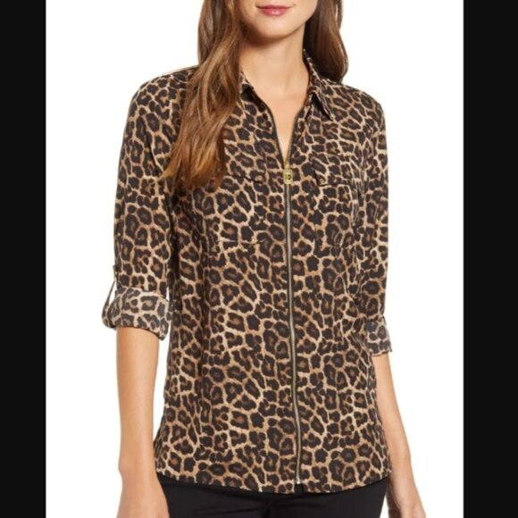 MICHAEL KORS 3/4 Long Sleeve Animal Leopard Print Full Zip Blouse Womens Top XS - Picture 1 of 13